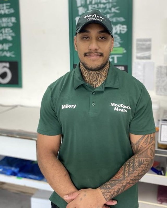 Mikaera Hotene in the MooTown Meats shop
